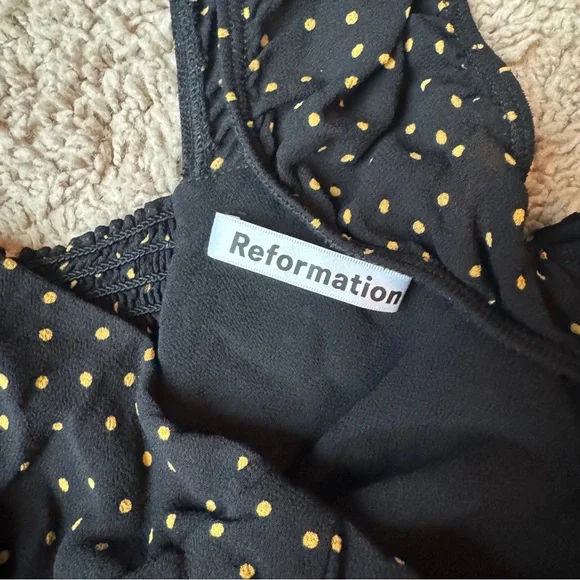 Reformation Black Mini Dress with Gold Polka Dots - Picture 4 of 9